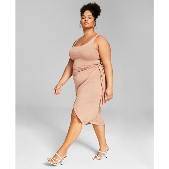 And Now This Plus Size Beige Side-Tie Midi Dress NWT - Picture 3 of 8